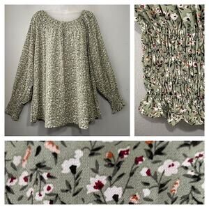 Kori Size Medium Green Ditzy Floral Semi Sheer Peasant Top Cottage Boho Romantic
